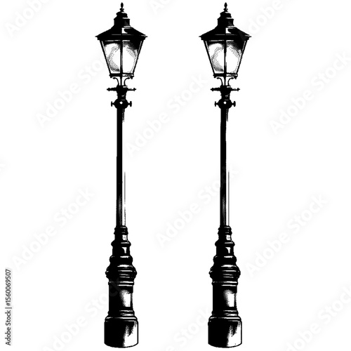 Two ornate black street lamps on white on transparent background