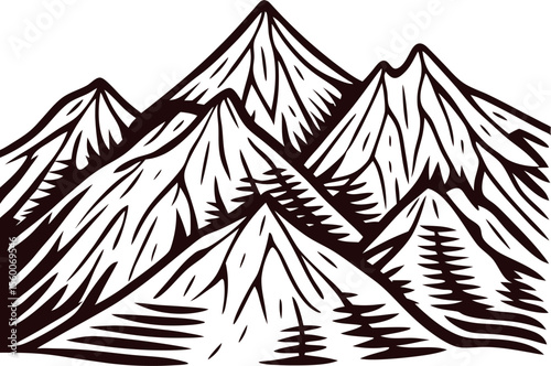Hand drawn mountain range with snow peaks vintage engraved black and white sketch illustration