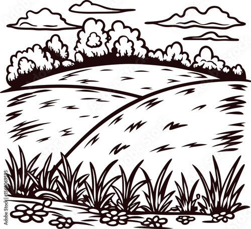 Hand drawn rural landscape with grassy hills, trees, clouds, and wildflowers in vintage engraving illustration