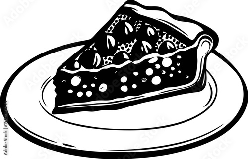 Slice of classic fruit pie on plate black and white hand drawn dessert illustration with detailed crust and filling