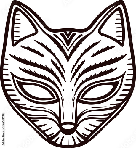 Intricately drawn fox mask with bold lines and abstract details in vintage hand drawn illustration