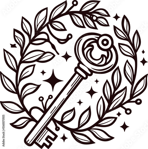 Ornate vintage skeleton key surrounded by leafy laurel wreath and sparkling stars, hand drawn tattoo illustration
