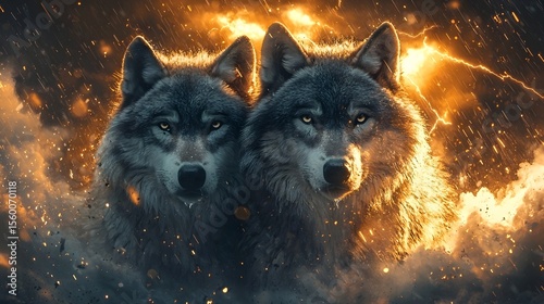 Fierce wolves braving a violent thunderstorm