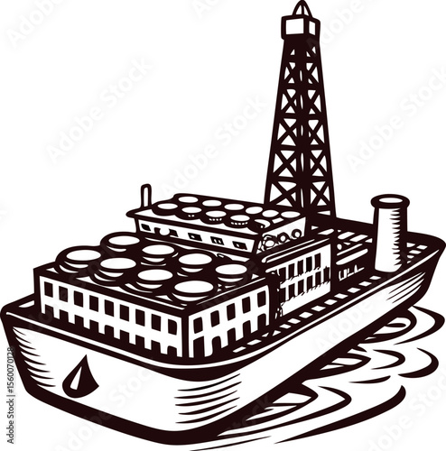 Oil drilling platform ship illustration with tall derrick and storage tanks on water, vintage engraved