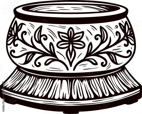 Ornate round flower pot with floral decorative pattern and carved base in hand drawn vintage illustration
