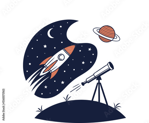 Rocket Launch and Telescope Observation in a Starry Night Sky Illustration.