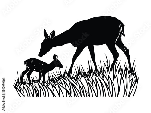 Silhouette of Deer and Fawn in Tall Grass Black and White Wildlife Illustration
