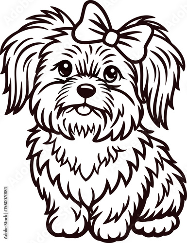 Cute fluffy puppy with bow tie sitting, black outline illustration, style, isolated on white background