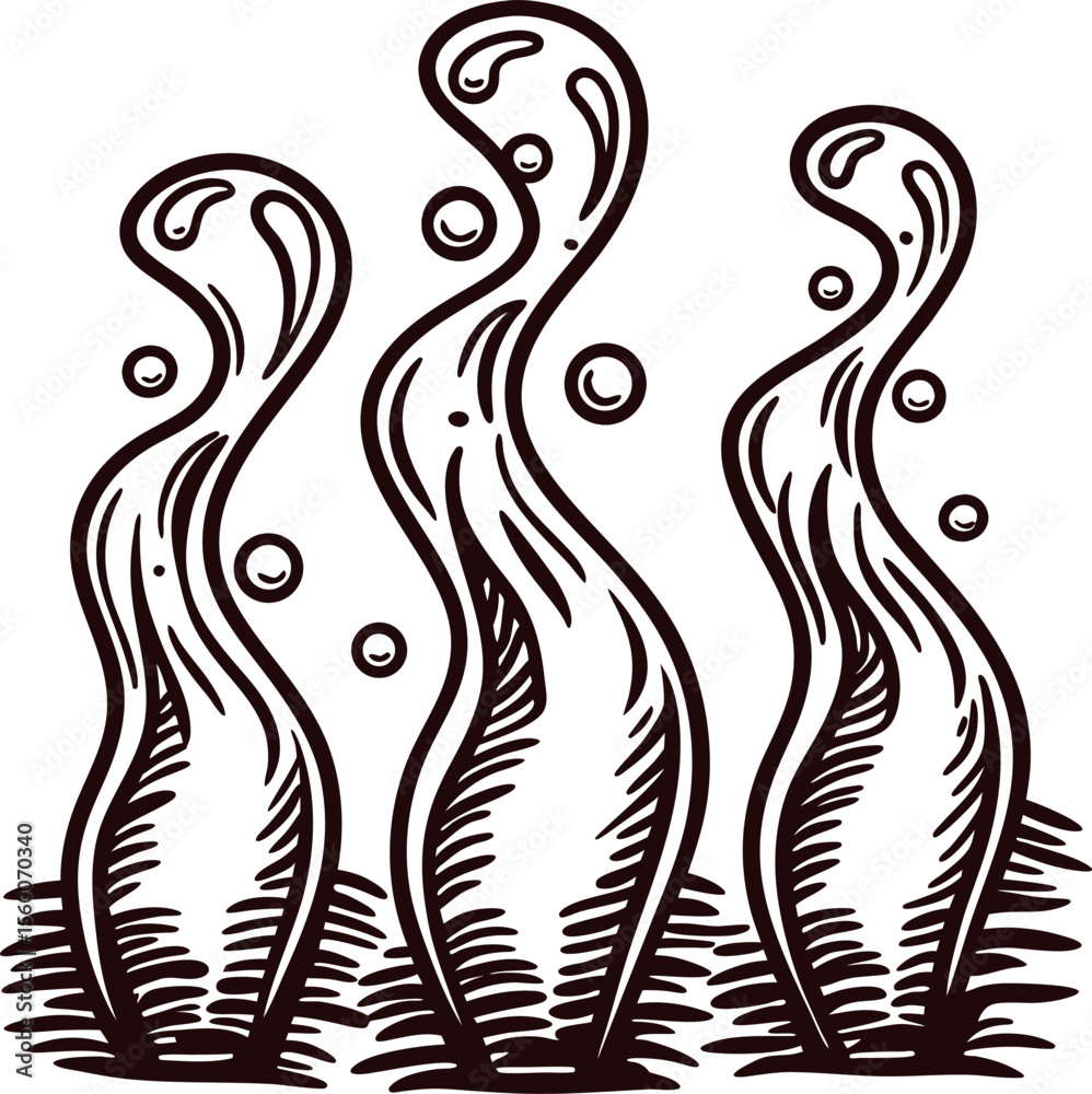 Fototapeta premium Hand drawn seaweed illustration with swirling underwater plants and bubbles in vintage engraved