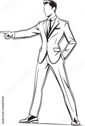 Confident Leadership Silhouette: A sharp silhouette of a distinguished businessperson confidently points forward, showcasing assertive leadership in a powerful graphic representation.