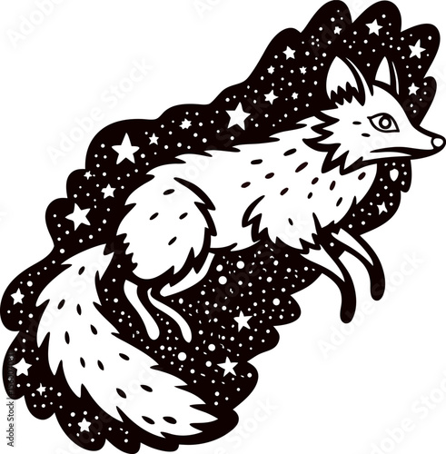 Celestial fox illustration with stars and night sky stylized black and white animal fantasy art with cosmic elements
