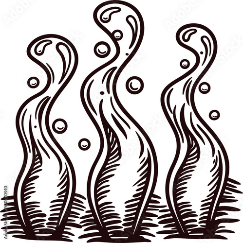 Hand drawn seaweed illustration with swirling underwater plants and bubbles in vintage engraved