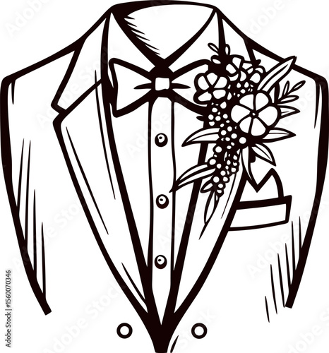 Elegant tuxedo jacket with bow tie and floral boutonniere, black and white hand drawn sketch illustration