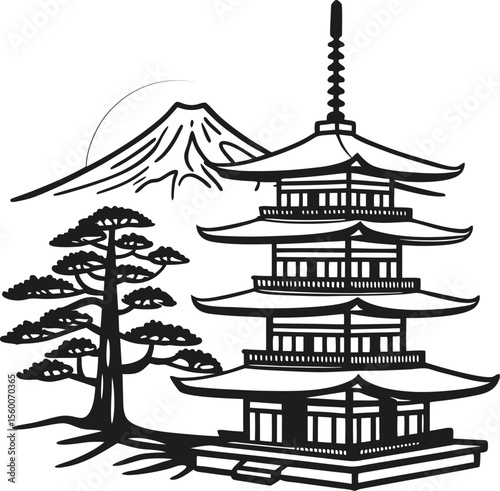 Traditional japanese pagoda with pine tree and distant mountain outline in monochrome  illustration