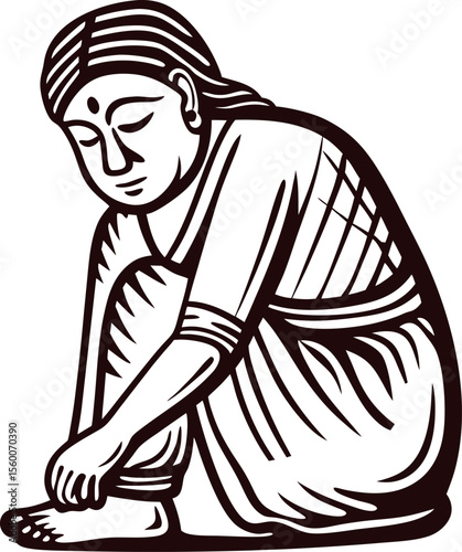 Sitting woman in traditional indian attire with head bowed, line art drawing, serene expression, hand resting on foot