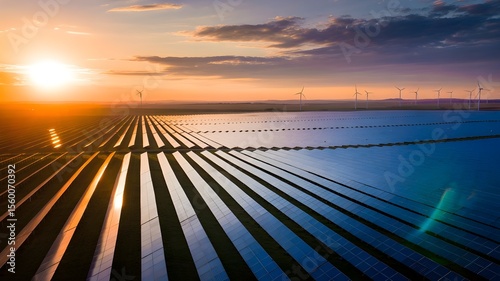 Solar panels gleam at sunset in a power plant field with distant wind turbines creating sustainable energy solutions.