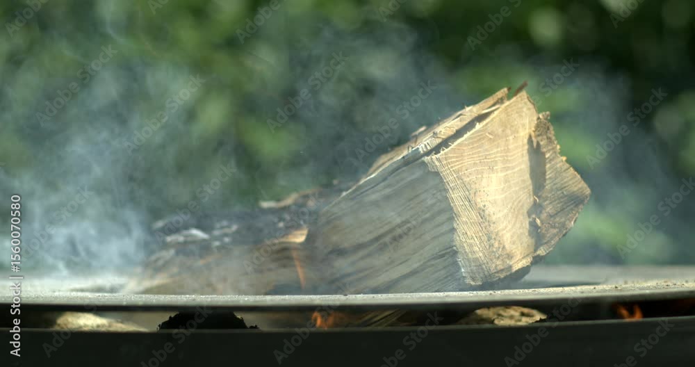 Dry firewood log smolders with faint flame and rising smoke in fire pit, captured in detailed close up in garden setting