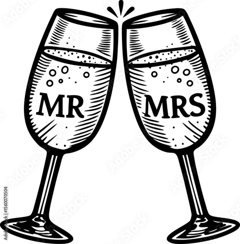 hand drawn illustration of clinking champagne glasses with mr and mrs text celebrating marriage