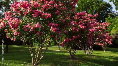 Close-up of crape myrtle trees in full bloom with vibrant pink, purple, and white flowers, showcasing their smooth bark, slender branches, and lush foliage in a garden or park setting under sunlight