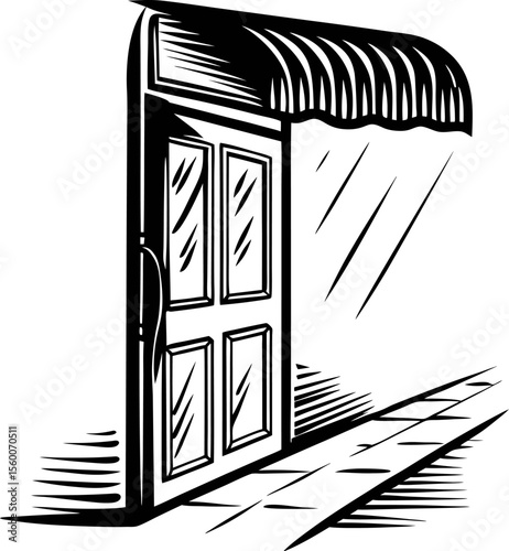 Vintage hand drawn open door with striped awning and sidewalk, black and white sketch illustration