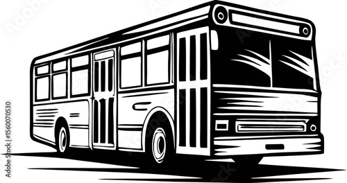 Black and white engraving of a city bus isolated on white background in vintage retro illustration