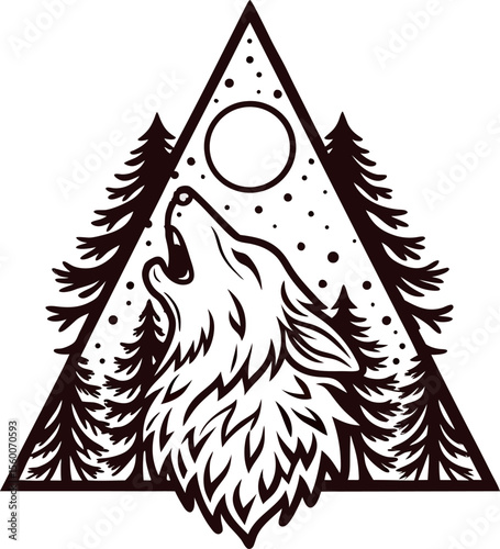 Howling wolf silhouette with moon and pine trees in geometric triangle design bold line art illustration