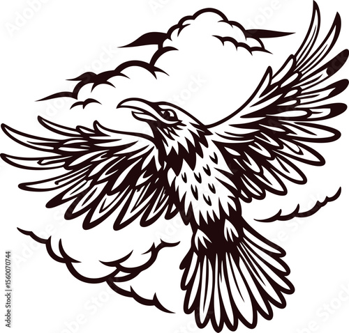 Detailed black raven with wings spread, flying among swirling clouds in vintage engraving tattoo illustration