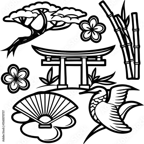 Traditional japanese elements illustration with torii gate, crane bird, bamboo, fan, cherry blossoms, and pine tree