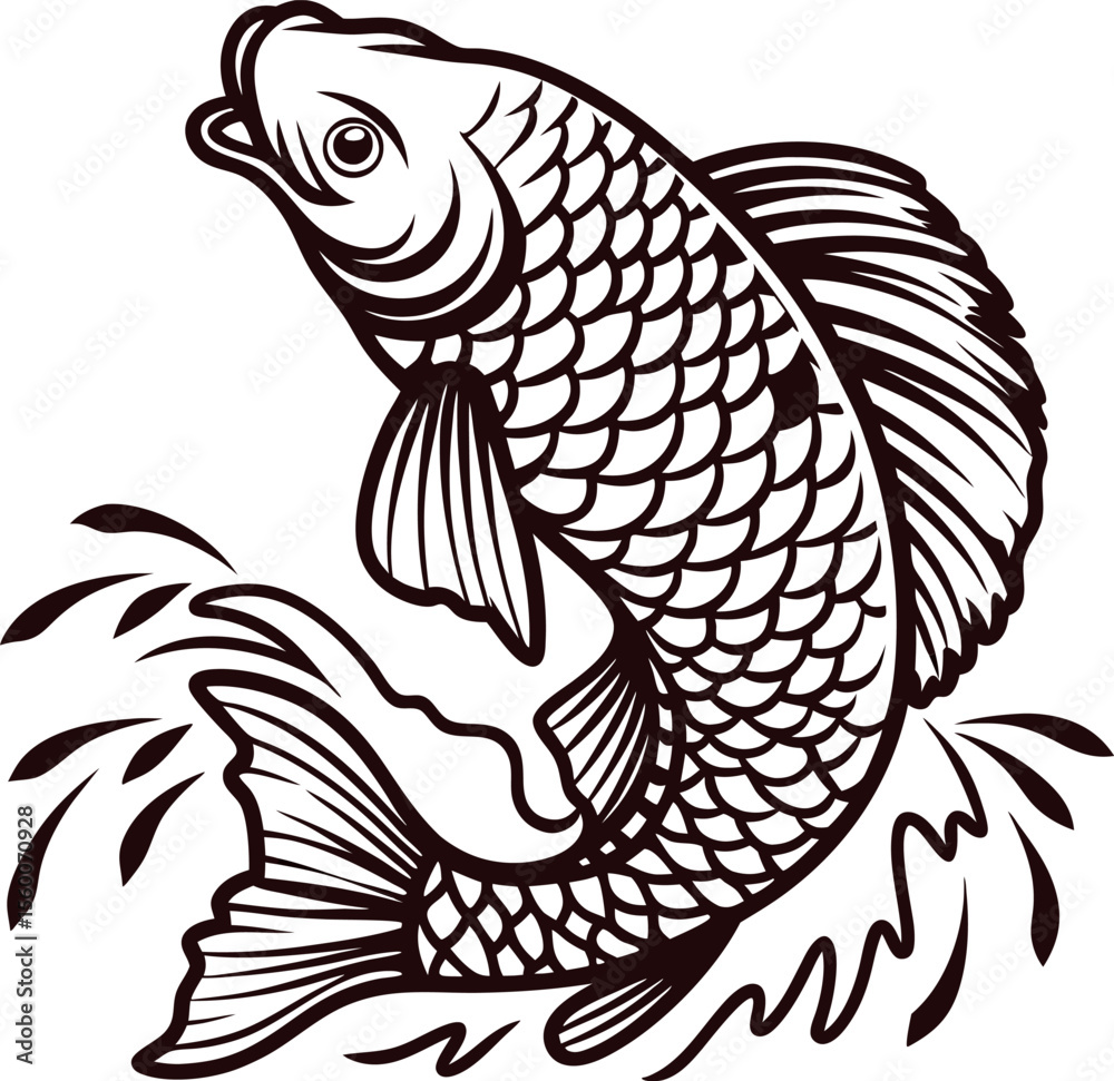 Fototapeta premium Detailed vintage illustration of leaping carp fish with scales and splashing water in monochrome black and white