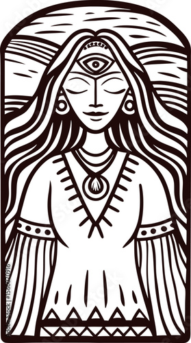 Mystic woman with third eye and flowing hair in ornate dress, spiritual enlightenment linocut illustration