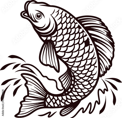 Detailed vintage illustration of leaping carp fish with scales and splashing water in monochrome black and white
