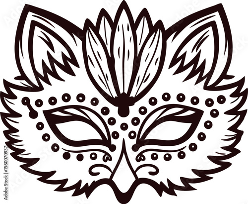 Ornate fox face mask with tribal decorative patterns isolated on white background line drawing illustration
