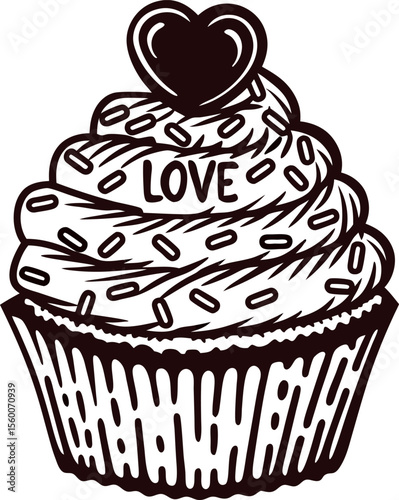 Sweet cupcake illustration with love heart topper and sprinkles, hand drawn sketch dessert icon