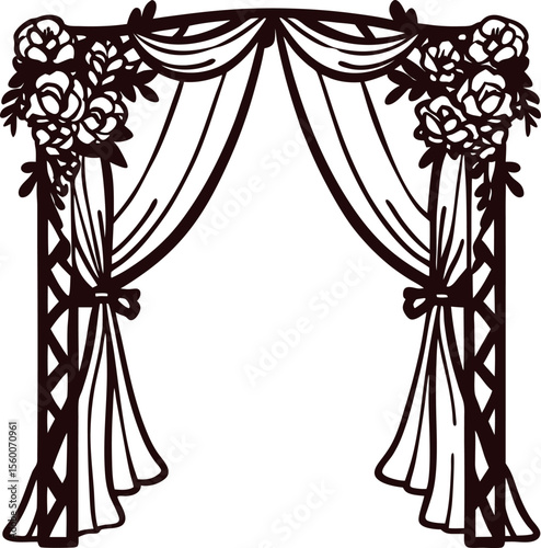 Hand drawn floral wedding arch with curtains and flowers illustration in vintage engraved