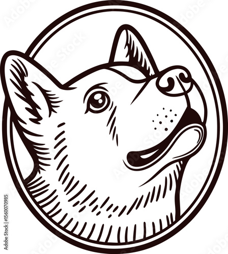 Hand drawn vintage dog portrait in oval frame black and white engraving illustration of canine head