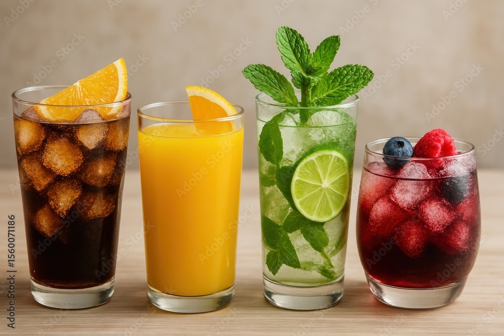 Fototapeta premium Refreshing assorted colorful beverages display.