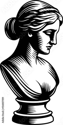 Classic engraved antique female bust silhouette vintage black and white illustration of woman sculpture isolated