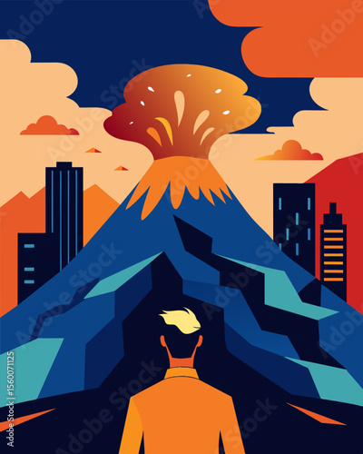 A person watching as their world crumbles before them the crumbling cityscape spelling out Stress as a volcano erupts in the distance.. Vector illustration