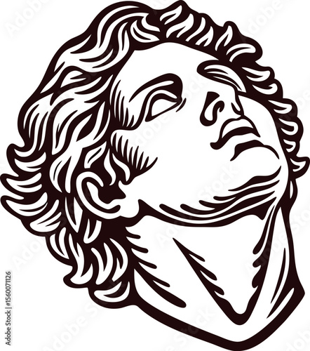 Classic antique engraving of ancient male sculpture head with upward gaze and curly hair line drawing