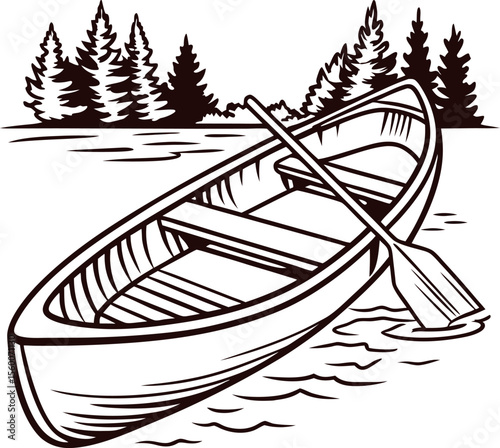 Hand drawn wooden rowboat floating on water with pine forest background vintage engraved black and white illustration