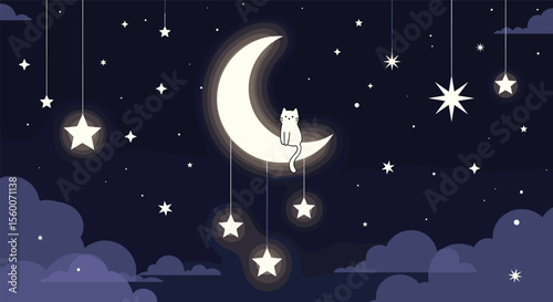 Serene Night Scene A Cat's Lunar Perch Among Twinkling Stars and Dreamy Clouds