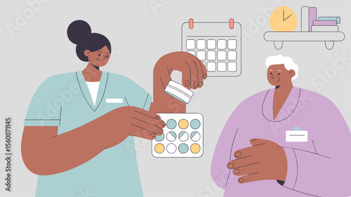 nurse providing medication to senior patient on a schedule, vector illustration for medication management, attentive elderly care and nursing home services