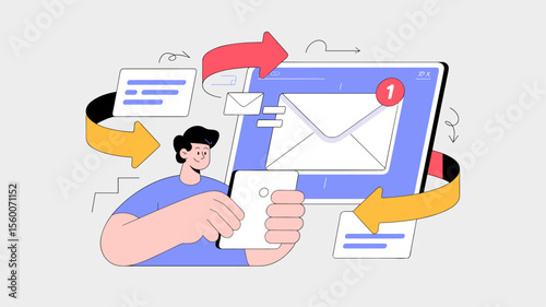 employee managing email workflow between phone and computer, vector illustration for internal communication flow, corporate messaging and digital correspondence