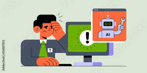 stressed office worker getting error alert from it helpdesk bot, vector illustration for internal it support, ai troubleshooting and technical system error
