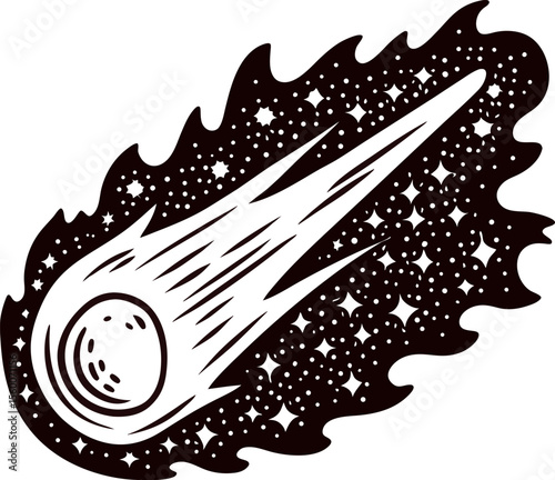 Retro hand drawn shooting meteor with flame trail surrounded by stars in night sky, vintage celestial illustration