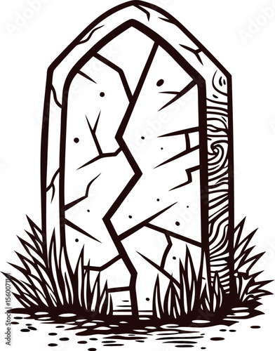 Old cracked gravestone with tall grass, vintage engraved style, aged tomb marker, isolated on white background