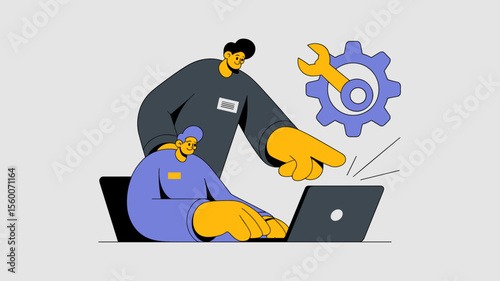 senior it specialist mentoring junior employee at laptop, vector illustration for it support and helpdesk, technical on-the-job training and corporate mentorship