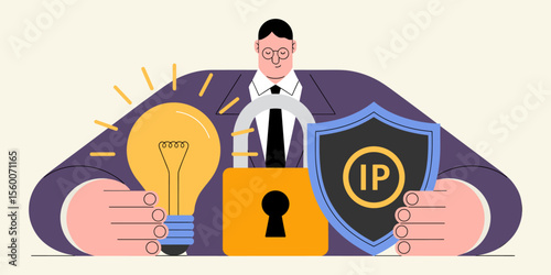 entrepreneur protecting intellectual property with shield and lock, vector illustration for ip protection, copyright law and patent and trademark security