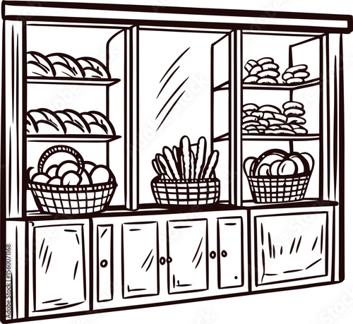 Hand drawn bakery display cabinet with shelves, baskets and assorted bread loaves in vintage engraved illustration