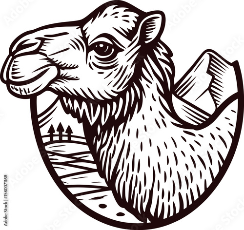 Detailed hand drawn camel head with mountainous landscape vintage engraved black and white animal illustration